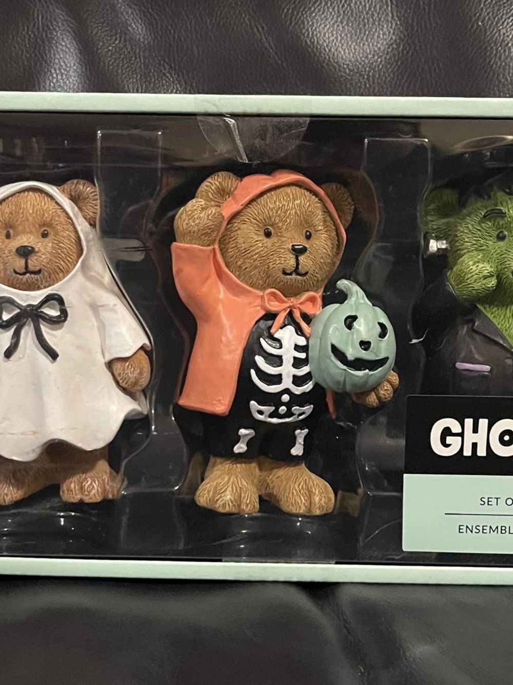 Halloween Bear Figurine in Orange Hood with Black Skeleton Outfit